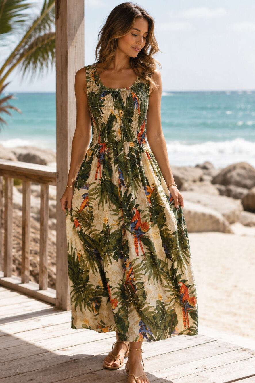 Rima Smocked Hawaiian Style Dress One Size